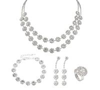 SLEEKEE Conjunto De Joyería De Moda para Mujer De 4 Piezas, Collar De Flores De Diamantes De Imitación De Doble Capa, Pulsera En Capas, Celebraciones Y Bodas