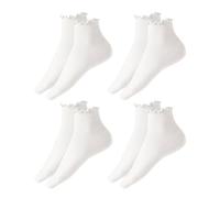 SLEEKEE Pack de 4 calcetines con volantes lisos para mujer, color blanco, medio, tobillo, antideslizantes, deportivos, modernos, de algodón, con tapa cerrada, longitud hasta el tobillo, lavar a mano
