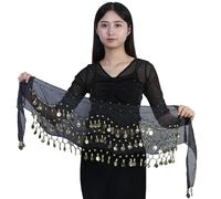 SLEEKEE Traje de Danza del Vientre Negro - Decorativo con Cadena de 98 Monedas - Falda de Cadera India para Damas