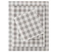Sleep Philosophy True North - Sábanas de Franela 100% algodón, Acogedor, Pesado, Cepillado para Mayor suavidad, Ropa de Cama cálida con Estampado, tamaño King, 4 Piezas, Cuadros Espiga Gris