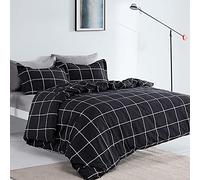 SLEEP ZONE Juego de Funda de edredón con Estampado geométrico a Cuadros, Microfibra de 120 g/m², 90 x 90 Pulgadas, Cierre de Cremallera ultrasuave, Lazos en Las Esquinas, 3 Piezas, cuadrícula Negra,