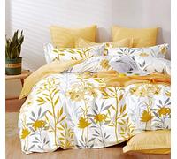 SLEEPBELLA Funda de edredón tamaño King, algodón de 600 Hilos, diseño de Ramas Grises y Flores Amarillas, Reversible (King, Hoja Blanca)
