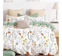 SLEEPBELLA Juego de edredón tamaño Queen, Flores Amarillas y patrón botánico Verde Impreso en Tela Blanca 100% algodón, Relleno Interior de Microfibra ultrasuave, Juego de Ropa de Cama de 3 Piezas