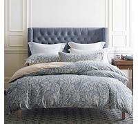 SLEEPBELLA Juego de funda de edredón tamaño King, algodón de 600 hilos, color beige y gris azulado, estampado con lujoso patrón de hojas, reversible, botánico, juego de ropa de cama de 3 piezas (King,