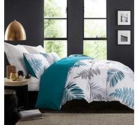 SLEEPBELLA Juego de Funda nórdica de algodón de 600 Hilos, Estampado Floral de Hojas Blancas, Reversible, tamaño King, Azul Pavo Real, Hojas