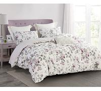 SLEEPBELLA - Juego de Funda nórdica de algodón de 600 Hilos, tamaño King, 3 artículos, Estampado de Flores empolvadas y Grises sobre Fondo Blanco Crudo, diseño de Flores