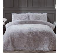 Sleepdown Juego de Funda de edredón de Pelo Largo de Pelo sintético Plateado, súper Suave, fácil Cuidado, con Fundas de Almohada, tamaño King 220 x 230 cm, matrimonio