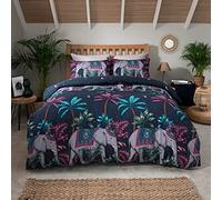 Sleepdown Juego de Funda de edredón Reversible con diseño de Elefante de la Selva, Color Azul Marino, Rosa y Cielo Nocturno, Suave de fácil Cuidado, tamaño King (230 x 220 cm)