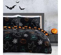 Sleepdown Juego de Funda de edredón Reversible con Fundas de Almohada y Fundas de Almohada de Franela de Color Negro y Naranja, tamaño King (230 x 220 cm)