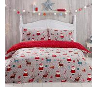 Sleepdown Juego edredón con Funda de Almohada (135 cm x 200 cm), Papá Noel, cálido y Acogedor, diseño de Renos, Color, Polar, Rojo y Gris, Suelto