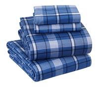 Sleepdown Sábanas de Franela 100% algodón Cepillado Doble, supersuaves, Pesadas y antifrisado, sábana Bajera con Bolsillo de 16 Pulgadas de Profundidad y 2 Bolsillos Laterales (Queen, Cuadros Azul