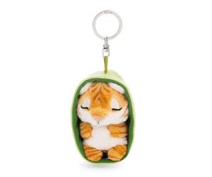 Sleeping Pets 63162 - Llavero tigre, 8 cm, en su cestita, multicolor, fiel acompañante de peluche para mochila o bolso, llavero para pequeños y mayores