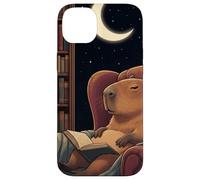 Sleepy Capybara Book Lover Noche Biblioteca Luna Carcasa para iPhone 14 Plus
