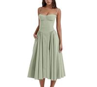 Sleeveless Corset Fit Midi Dress Spaghetti Strap Bustier Midi Dress Trendy A Line Dress with Pocket (S,Light Green)