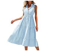 Sleeveless Dresses for Women UK Flowy Striped Dress Collar Neck V Casual Summer Midi Dress Elegant Going out Sundress Clothes