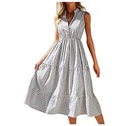 Sleeveless Dresses for Women UK Flowy Striped Dress Collar Neck V Casual Summer Midi Dress Elegant Going out Sundress Clothes