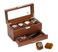 Slege Caja de Relojes de Madera,con 4 Compartimentos de 2 Niveles,Caja para Relojes Hombre,Estuche Relojero Organizador con 1 Cajón,Cubierta de Vidrio,Organizador para Hombres y Mujeres Regalo,Marrón