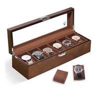Slege Caja de Relojes de Madera,con 6 Compartimentos,Caja para Relojes para Hombre,Tapa de Cristal y Cojín Extraíble,Organizador para Hombres y Mujeres Regalo (Marrón)