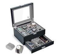 Slege Caja para Relojes de Madera,con 8 Compartimentos de 2 Niveles,Hecho a Mano Caja de Relojes Hombre,Estuche Relojero Organizador,Cubierta de Vidrio,Organizador para Hombres y Mujeres Regalo,Negro