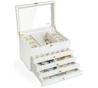 Slege Joyero de Madera,Organizador Joyas Hecho a mano,5 Niveles 4 Cajones,Tapa de Cristal,Joyeros Mujer Organizador,Caja Joyero para Collares,Aretes,Pulseras y Anillos,Joyas Grandes,Moderno,Blanco