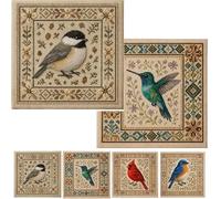 SLERFT DIY Bird Cross Stitch Kit, Hummingbird Geometric Embroidery Kit for Beginners, Peculiar Cardinal Printed Needlepoint with Floral Pattern, Personalized Birds Art Craft Wall Decoration(2PCS-A)