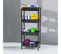 SLGGPJBU Carrito de almacenamiento plegable, práctico carrito de ruedas para espacios reducidos, carrito de cocina deslizable, carrito de estantería móvil, 4 niveles, color negro