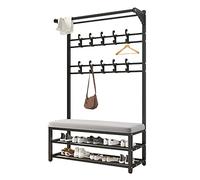 SLGGPJBU Exquisito perchero con ganchos para colgar y banco de zapatos en diseño industrial 4 en 1, marco de metal estable para entrada, resistente