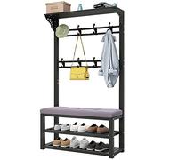 SLGGPJBU Perchero de metal con banco de zapatos y 10 ganchos, árbol de entrada con asiento y zapatero de 2 capas, marco de acero, color blanco, 100 x 35 x 172 cm