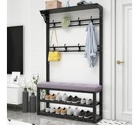 SLGGPJBU Perchero de metal industrial moderno con banco de zapatos, 8 ganchos y zapatero de 2 niveles, árbol de pasillo 4 en 1 para pasillo, sala de estar, fácil de montar