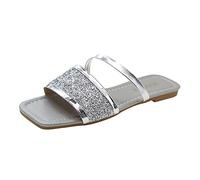 Slide - Sandalias planas para mujer Elegent | Sandalias de punta cuadrada con diamantes de imitación de punta abierta para vacaciones boho zapatos para vacaciones al aire