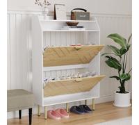 Slim Space-Saving Shoe Cabinet - 2 Turnover Drawers, Freestanding Hidden Storage Organizer, Adjustable Shelf, Scrape-Resistant, No Assembly Needed - Ideal for Entryway or Hallway - Wood Grain