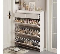 Slim White Shoe Cabinet With Flip-Down Doors - Space-Saving Entryway Shoe Storage Organizer, Modern Narrow Shoe Rack For Hallway, 2-Tier Shoe Shelf, Standing Design For Small Spaces(55x24x130cm(22x9x5