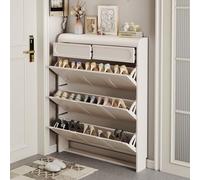 Slim White Shoe Cabinet With Flip-Down Doors - Space-Saving Entryway Shoe Storage Organizer, Modern Narrow Shoe Rack For Hallway, 2-Tier Shoe Shelf, Standing Design For Small Spaces(60x17x130cm(24x7x5