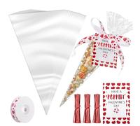 Sliner 100 bolsas de regalo con forma de cono para el día de San Valentín, 6.3 x 11.8 pulgadas, bolsa de celofán triangular transparente de San Valentín con cinta de corazón y tarjetas de regalo,