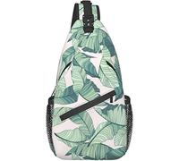 Sling Bag, Green Palm Tree Leaves Pink Print Crossbody Sling Mochila para Casual Hombro Mujeres y Hombres