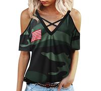 Sling V-Cuello Hombro Descubierto Independence Day Printing Camiseta Top Verano Cardigan, camuflaje, L