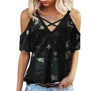 Sling V-Cuello Hombro Descubierto Independence Day Printing Camiseta Top Verano Cardigan, Negro , M