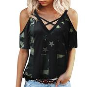 Sling V-Cuello Hombro Descubierto Independence Day Printing Camiseta Top Verano Cardigan, Verde militar., XL