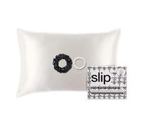 slip Charm Gift Set - Funda de almohada de seda blanca Queen con ribete de encaje, coletero grande negro y coletero blanco delgado - Seda de morera pura esencial para el cabello y el sueño