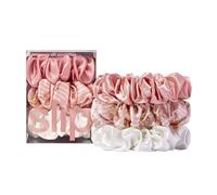 Slip Silk Set de gomas para el cabello 100% seda de morera - Gomas delicadas para la coleta contra la rotura del cabello, 3 scrunchies - Rosa, Blanco, Pétalo