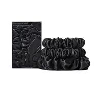 Slip Silk Set de gomas para el cabello 100% seda de morera - Gomas delicadas para la coleta contra la rotura del cabello, 2 scrunchies medianos, 1 grande - Negro