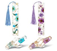 Sliverdew 4 Uds Marcadores de resina de flores secas, Soporte de página de libro floral transparente y marcadores de libro hechos a mano con borla lindo accesorio de lectura