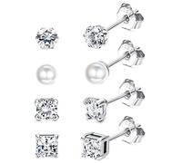 Sllaiss 3 pairs 925 Sterling Silver Stud earrings for Women Girls Cubic Zirconia Stud earrings Small Star Ball cute screw back White Gold plated earrings set (D)