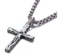 Sllaiss Collar de crucifijo de plata de ley 925 para hombre, colgante de cruz de Jesús tallada con cadena de acero inoxidable, collar de crucifijo católico, joyería cristiana para hombres y mujeres