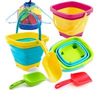 Sloosh Cubo Plegable (Paquete de 3, con 3 Palas), Cubo de Arena, Cubo, arenero, Cubo Cuadrado para Fiesta de Verano, Cubo Plegable de Silicona, Cubo Plegable para niños (Amarillo/Azul/Verde)