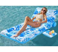 SLOOSH Flotador Inflable para Piscina para Adultos, Flotador Diseño de Hojas Tropicales, Silla Flotante con Respaldo Ajustable, Portavasos, Flotador para Tomar el Sol en la Piscina, Playa o Lago, Azul