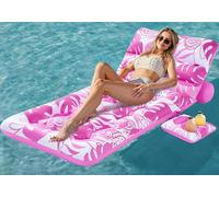 SLOOSH Flotador Inflable para Piscina para Adultos, Flotador Diseño de Hojas Tropicales, Silla Flotante con Respaldo Ajustable, Portavasos, Flotador para Tomar el Sol en la Piscina, Playa o Lago, Rosa