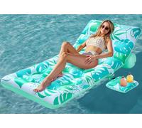 SLOOSH Flotador Inflable para Piscina para Adultos, Flotador Diseño de Hojas Tropicales, Silla Flotante con Respaldo Ajustable, Portavasos, Flotador para Tomar el Sol en la Piscina, Playa o Lago, Cian