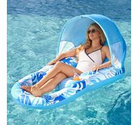 SLOOSH Flotadores inflables para piscina para adultos, tumbona de piscina con toldo, balsa de piscina, silla reclinable flotante con portavasos, color azul