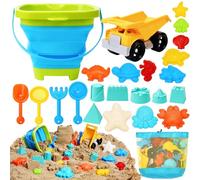 Sloosh Juego de juguetes de arena de playa - Juguetes de camión volquete con moldes de arena para niños pequeños, cubos plegables plegables, bolsa de malla, palas de arena, juegos de moldes de